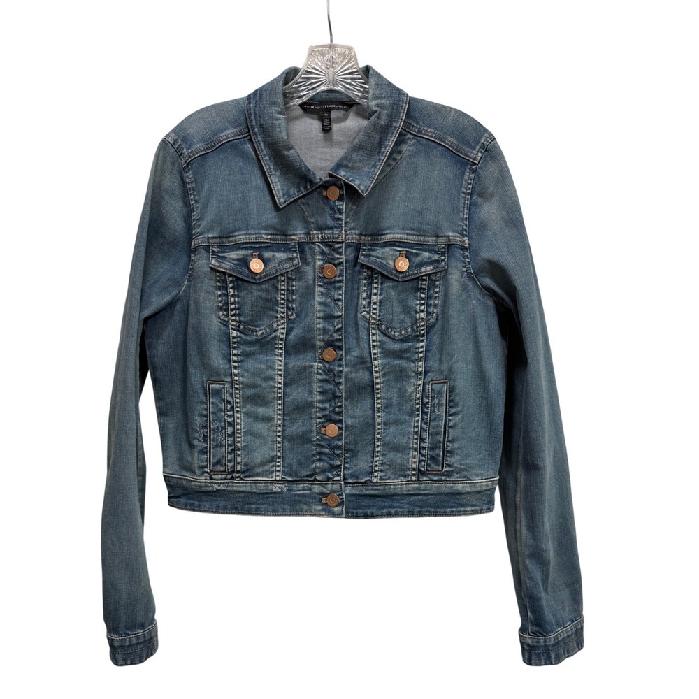 White House Black Market Denim Jacket Blue EUC Cropped Distressed Stretch SZ 14